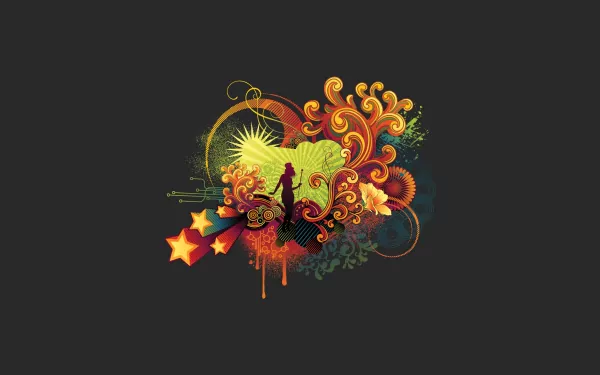 Abstract HD wallpaper featuring colorful artistic swirls and patterns with silhouette of a person on a dark background.