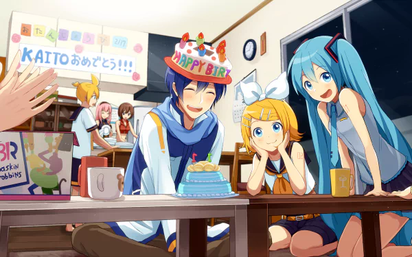 HD PC desktop wallpaper featuring Vocaloid characters Luka Megurine, Meiko, Kaito, Len Kagamine, Rin Kagamine, and Hatsune Miku celebrating a birthday indoors.
