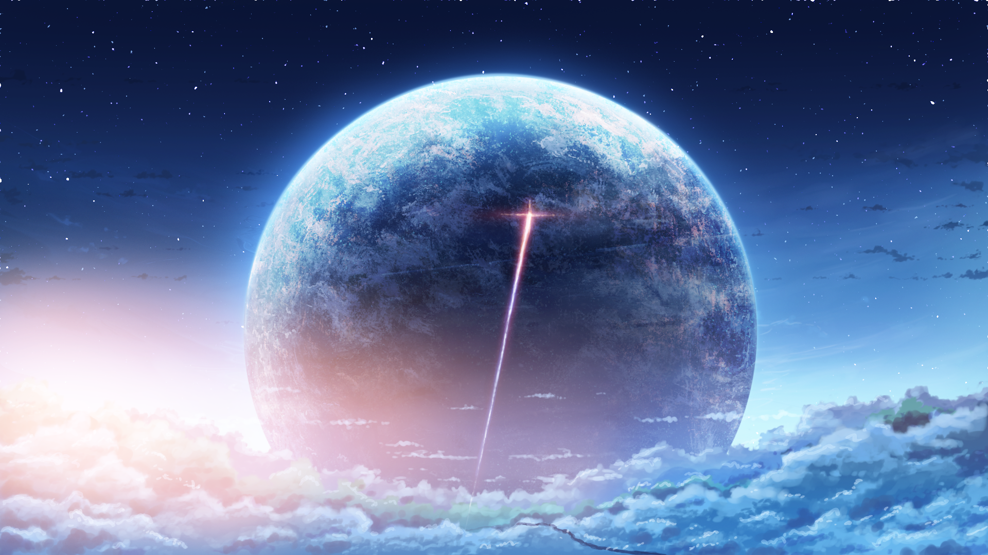 HD anime wallpaper features a vast planet emerging in a twilight sky, with a beam of light piercing through clouds, creating an ethereal and captivating backdrop.