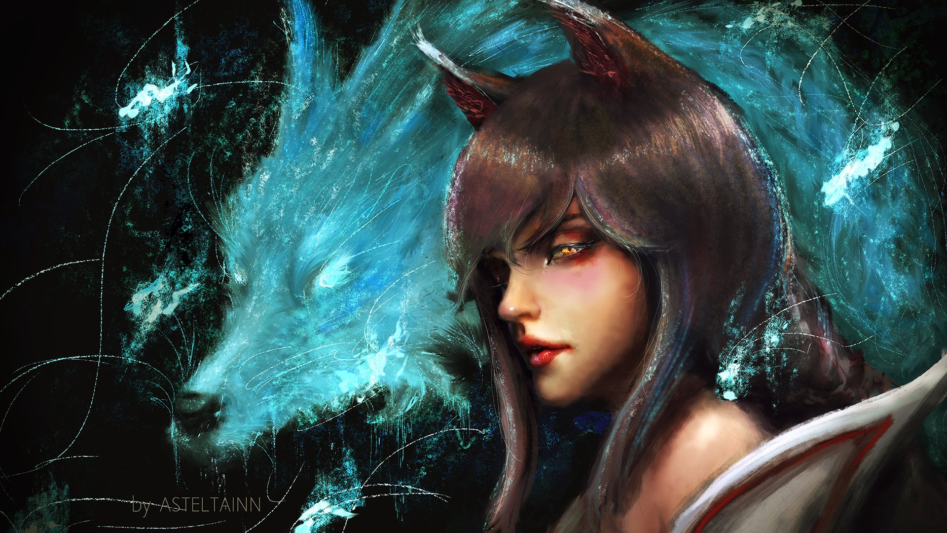 Ahri (League of Legends) video game HD PC desktop wallpaper: fox-eared, nine-tailed sorceress with a glowing blue spirit fox.