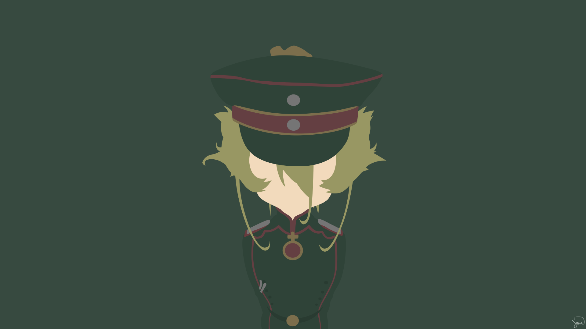 Minimalist 4K Ultra HD anime wallpaper of Tanya Degurechaff from The Saga of Tanya the Evil in military uniform and cap, viewed from above against a dark background.