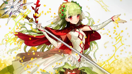 Anime wallpaper, Chain Chronicle: The Light of Haecceitas — green-haired maiden in a white dress and red cloak holding a long sword amid falling golden petals; 2K Quad HD PC desktop background.