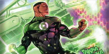 A vibrant HD wallpaper featuring John Stewart as Green Lantern, showcasing his powerful stance amidst dynamic comic-style elements from DC Comics.