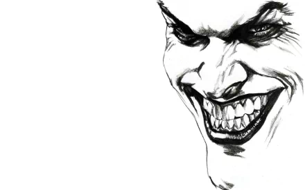 HD wallpaper depicting a black and white sketch of the Joker from Batman with a menacing grin on a white background.