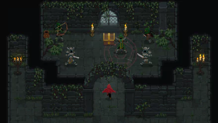 HD wallpaper from the game Wizard of Legend featuring a mage in a cloaked hat standing in a dimly-lit dungeon room with enemies and treasure.