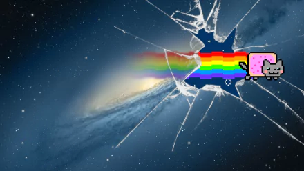 Funny HD PC desktop wallpaper and background: pixel Nyan Cat crashes through a shattered starfield, spraying a rainbow trail across the cosmic desktop.
