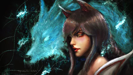 Ahri (League of Legends) video game HD PC desktop wallpaper: fox-eared, nine-tailed sorceress with a glowing blue spirit fox.
