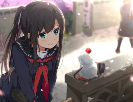 HD anime wallpaper featuring an original character with long dark hair and blue eyes, wearing a school uniform with a red bow, smiling beside a small snow sculpture outdoors.