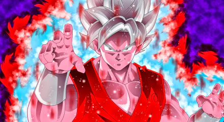 HD wallpaper featuring Goku in his Kaioken form from Dragon Ball Super, surrounded by fiery red and blue energy aura.