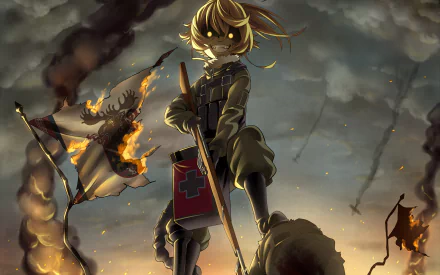 HD desktop wallpaper featuring Tanya Degurechaff from the anime Youjo Senki, standing confidently amidst a war-torn battlefield with burning flags and dramatic clouds in the background.