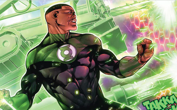 A vibrant HD wallpaper featuring John Stewart as Green Lantern, showcasing his powerful stance amidst dynamic comic-style elements from DC Comics.