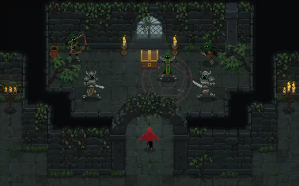 HD wallpaper from the game Wizard of Legend featuring a mage in a cloaked hat standing in a dimly-lit dungeon room with enemies and treasure.