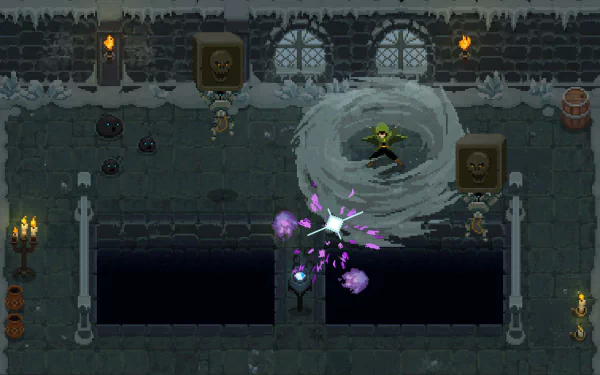 HD desktop wallpaper featuring a scene from Wizard of Legend with a character casting a spell in a dungeon setting.