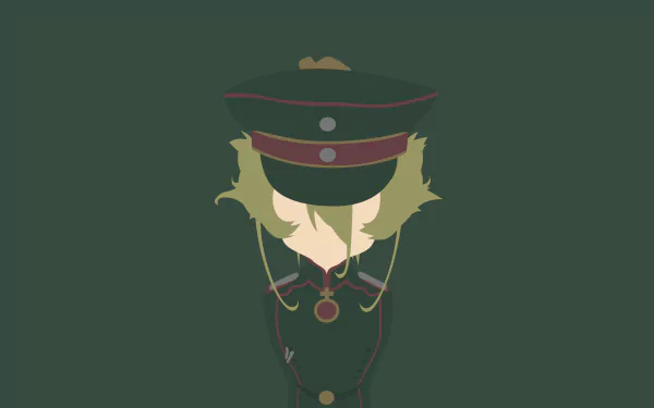 Minimalist 4K Ultra HD anime wallpaper of Tanya Degurechaff from The Saga of Tanya the Evil in military uniform and cap, viewed from above against a dark background.