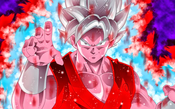 HD wallpaper featuring Goku in his Kaioken form from Dragon Ball Super, surrounded by fiery red and blue energy aura.