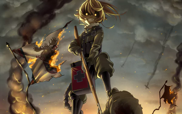 HD desktop wallpaper featuring Tanya Degurechaff from the anime Youjo Senki, standing confidently amidst a war-torn battlefield with burning flags and dramatic clouds in the background.