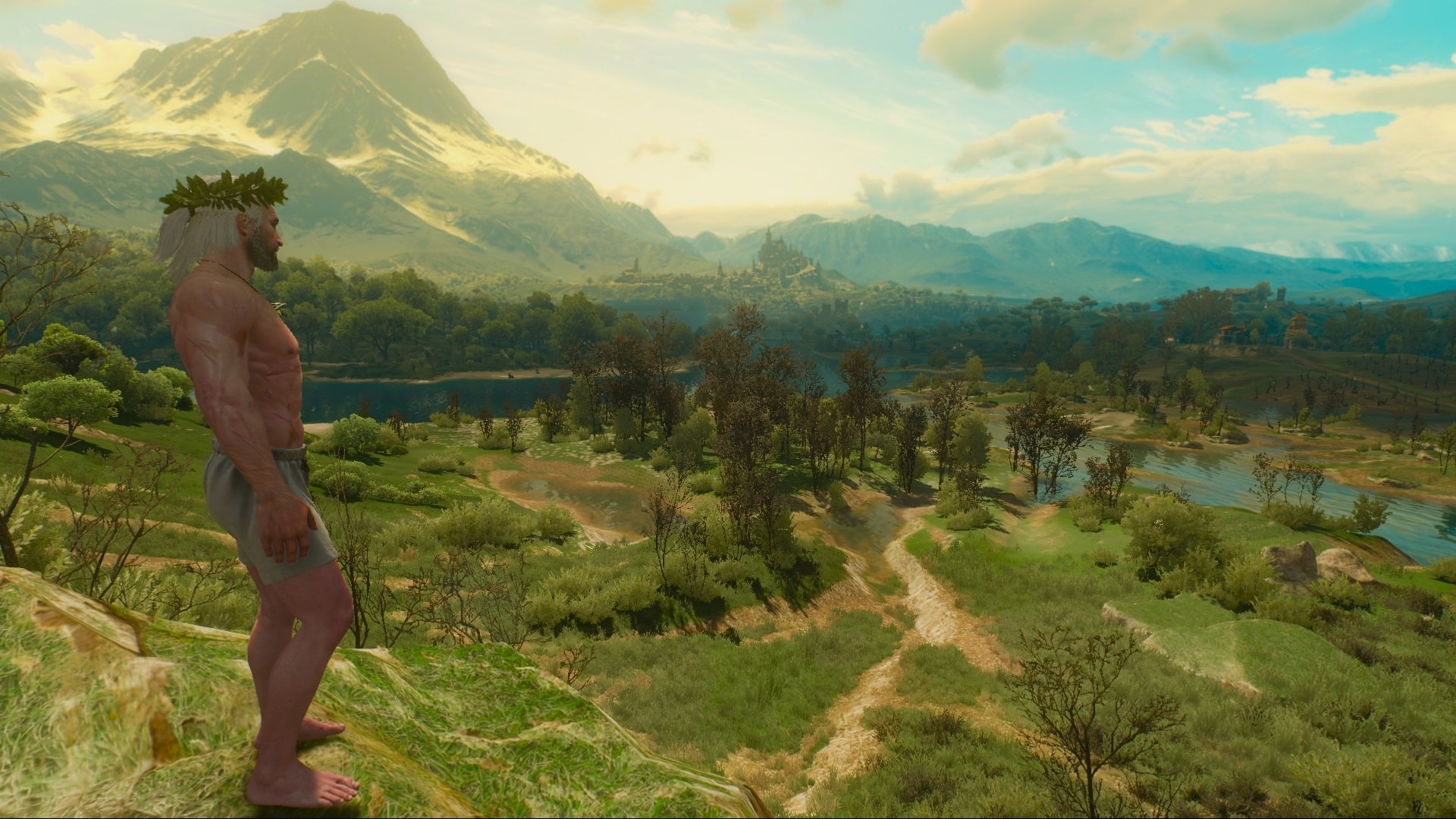 HD PC desktop wallpaper from the video game The Witcher 3: Wild Hunt, featuring a scenic landscape with mountains, forests, and a character standing on a hill.