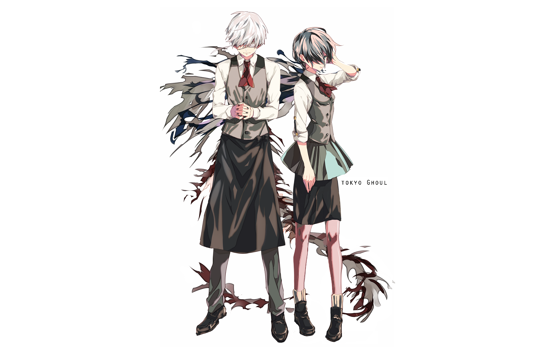 HD desktop wallpaper featuring Ken Kaneki from the anime Tokyo Ghoul, standing next to a character with a similar appearance. Both are dressed in formal attire with dynamic poses and detailed surroundings.