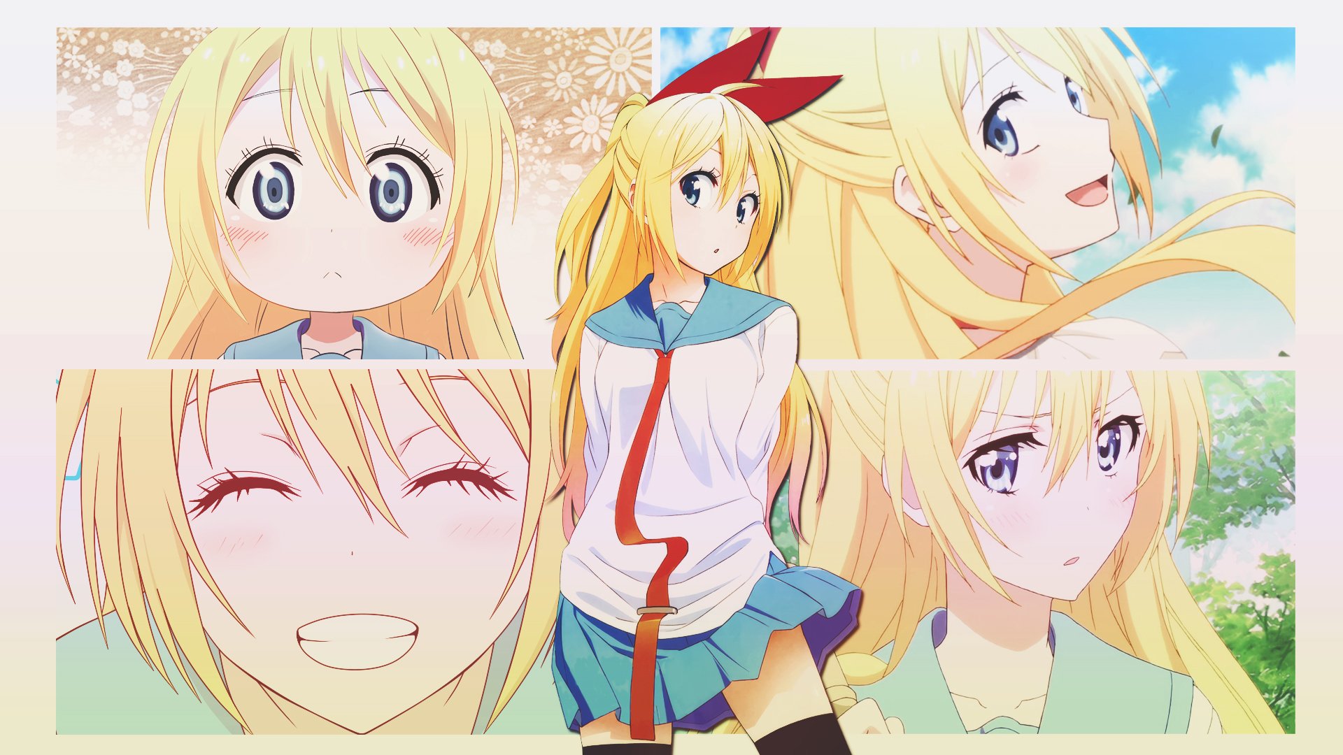 HD desktop wallpaper featuring Chitoge Kirisaki from the anime Nisekoi. The image shows her in a school uniform with blonde, long hair in various expressive poses.