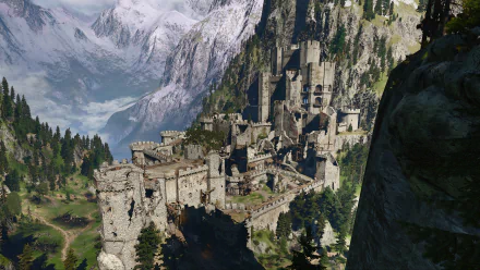 A stunning HD desktop wallpaper of The Witcher 3: Wild Hunt featuring a majestic fortress nestled in a mountainous landscape amidst lush greenery and snowy peaks.