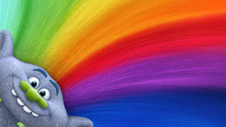 HD PC desktop wallpaper featuring a colorful rainbow background and a cheerful character from the movie Trolls peeking from the bottom left corner.