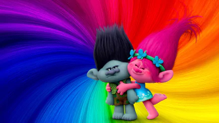 HD PC desktop wallpaper featuring two colorful characters from the movie Trolls against a vibrant rainbow background.