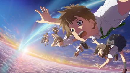 HD anime desktop wallpaper featuring characters Katsuhiko Teshigawara, Shinta Takagi, Taki Tachibana, Miki Okudera, Sayaka Natori, Mitsuha Miyamizu, and Tsukasa Fujii from Your Name.