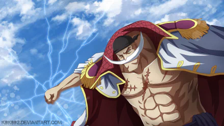 HD desktop wallpaper of Edward Newgate from the anime One Piece, depicting him in a dynamic pose against a cloudy sky with lightning in the background.