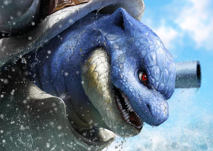 HD desktop wallpaper of Blastoise, a Pokémon from the anime series, captured in a dynamic and intense close-up against a blue sky background.