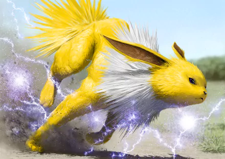 HD desktop wallpaper featuring Jolteon, a Pokémon, portrayed in an anime style, running with electric sparks around it.