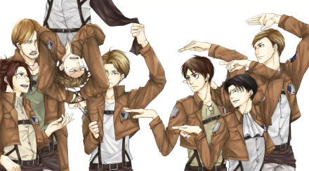 HD PC desktop wallpaper background of Attack on Titan anime characters: Nanaba, Mike Zacharias, Erwin Smith, Jean Kirstein, Hange Zoë, Levi Ackerman and Eren Yeager in Survey Corps uniforms.