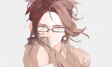 HD anime desktop wallpaper featuring Hange Zoë from Attack on Titan, showcasing a close-up with glasses and flowing hair against a light background.