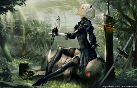 HD wallpaper of YoRHa No.2 Type B from NieR: Automata. She has short white hair, a black dress, thigh-high boots, and wields a katana. The background is a lush, overgrown forest with sunlight filtering through.