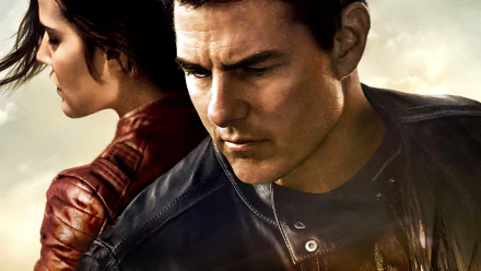 HD desktop wallpaper: moody close-up of two actors back-to-back in leather jackets, cinematic poster for the film Jack Reacher: Never Go Back.