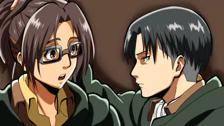 HD PC desktop wallpaper featuring Hange Zoë and Levi Ackerman from the anime Attack on Titan in a close, intense moment.