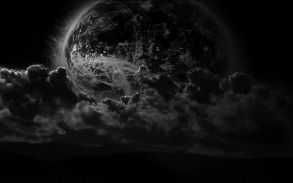 HD desktop wallpaper featuring a sci-fi scene with a bright moon or planet rising behind dark clouds at night.