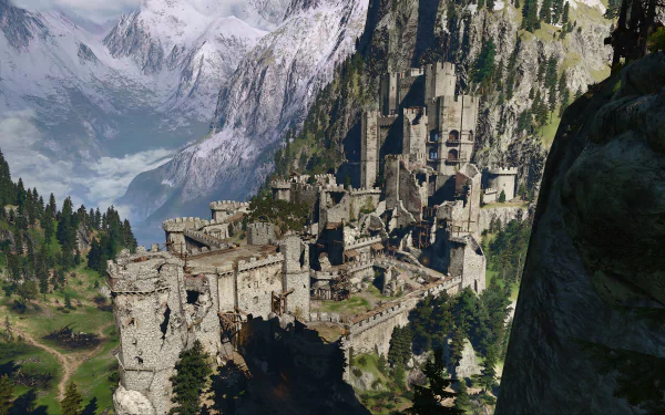 A stunning HD desktop wallpaper of The Witcher 3: Wild Hunt featuring a majestic fortress nestled in a mountainous landscape amidst lush greenery and snowy peaks.