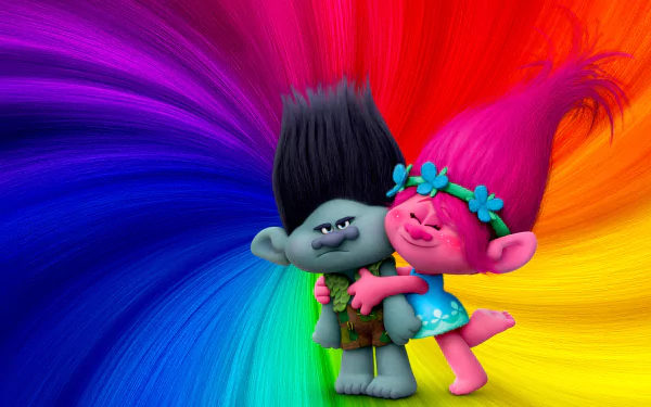 HD PC desktop wallpaper featuring two colorful characters from the movie Trolls against a vibrant rainbow background.