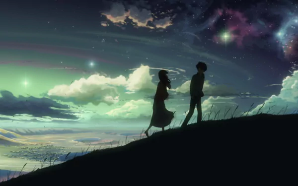 HD desktop wallpaper featuring Takaki Touno and Akari Shinohara from the anime 5 Centimeters per Second, walking on a hill under a starry night sky with glowing clouds and a colorful horizon.