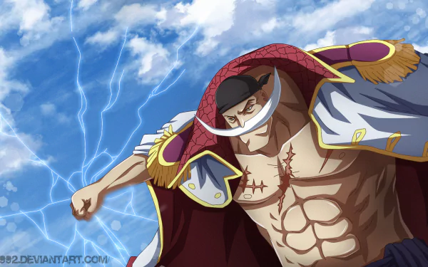 HD desktop wallpaper of Edward Newgate from the anime One Piece, depicting him in a dynamic pose against a cloudy sky with lightning in the background.