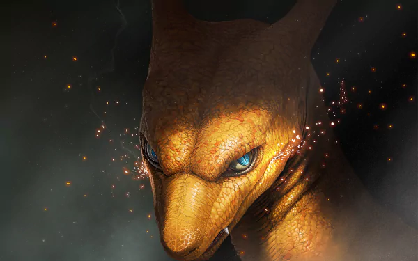 A high-definition wallpaper featuring Charizard from Pokémon. The detailed anime-style artwork showcases Charizard's intense gaze with sparks around its face, creating a powerful and dynamic background image.
