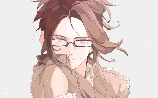 HD anime desktop wallpaper featuring Hange Zoë from Attack on Titan, showcasing a close-up with glasses and flowing hair against a light background.