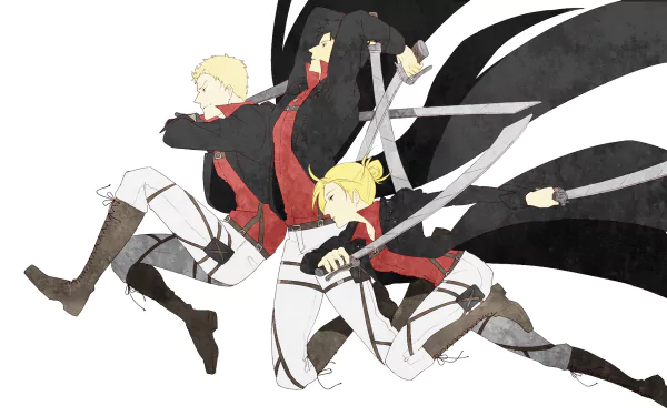 HD anime desktop wallpaper featuring Reiner Braun, Bertholdt Hoover, and Annie Leonhart from Attack on Titan in dynamic action poses with swords and cloaks.