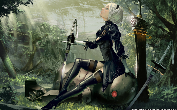 Video Game NieR: Automata YoRHa No.2 Type B Sword Weapon White Hair Dress Black Dress Glove Headband Thigh Boots Thigh Highs Robot High Heels Katana Short Hair HD Wallpaper | Background Image