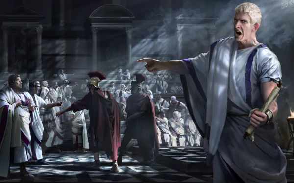 An 8K Ultra HD PC desktop wallpaper featuring a dramatic scene from the video game Total War: Rome II, depicting Roman senators in a tense confrontation.