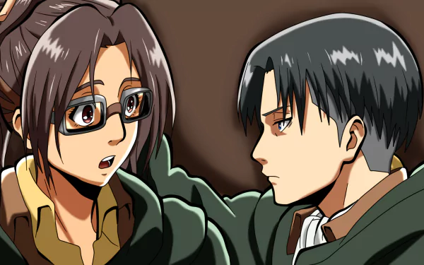 HD PC desktop wallpaper featuring Hange Zoë and Levi Ackerman from the anime Attack on Titan in a close, intense moment.
