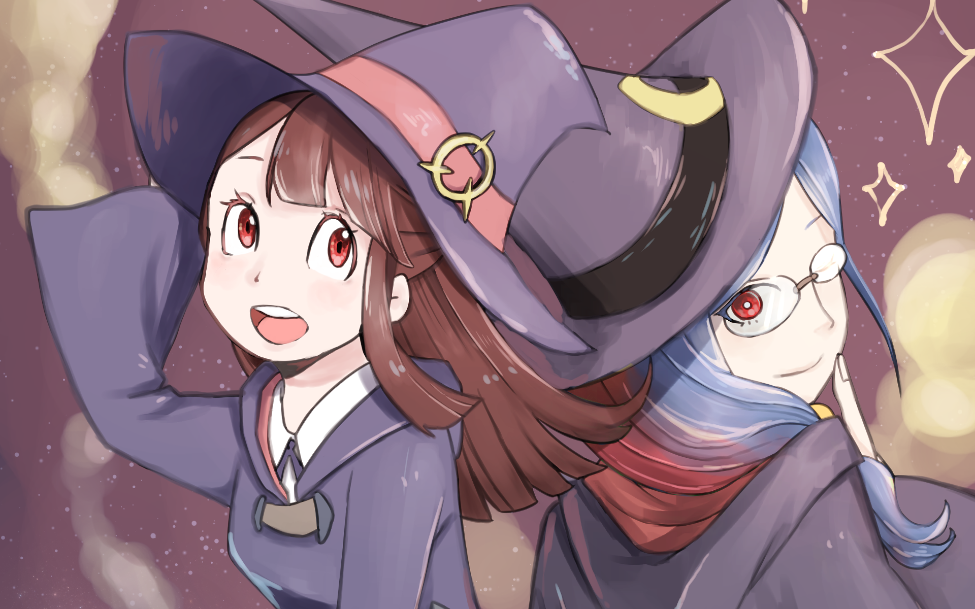 HD anime desktop wallpaper featuring Atsuko Kagari and another character from Little Witch Academia in vibrant magical attire.