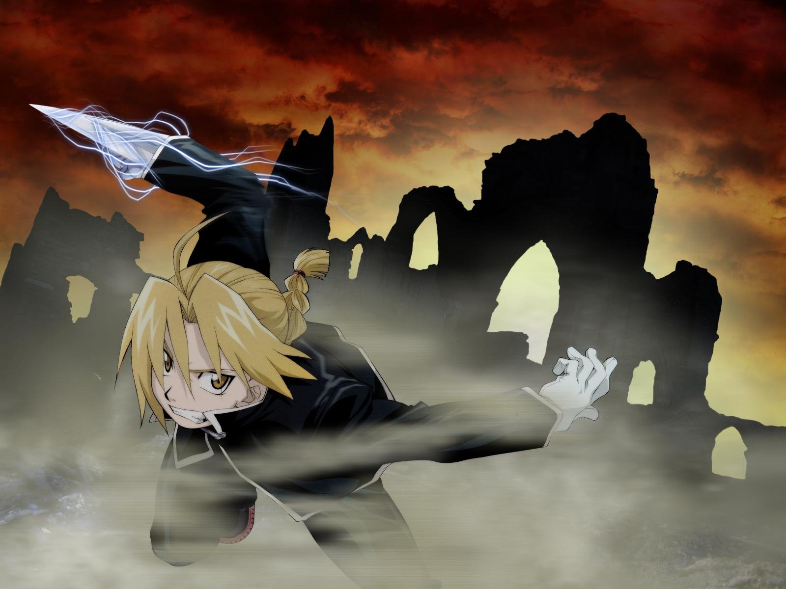 A dynamic HD wallpaper featuring Edward Elric from Fullmetal Alchemist, set against a dramatic backdrop of ruins and an intense sunset sky.