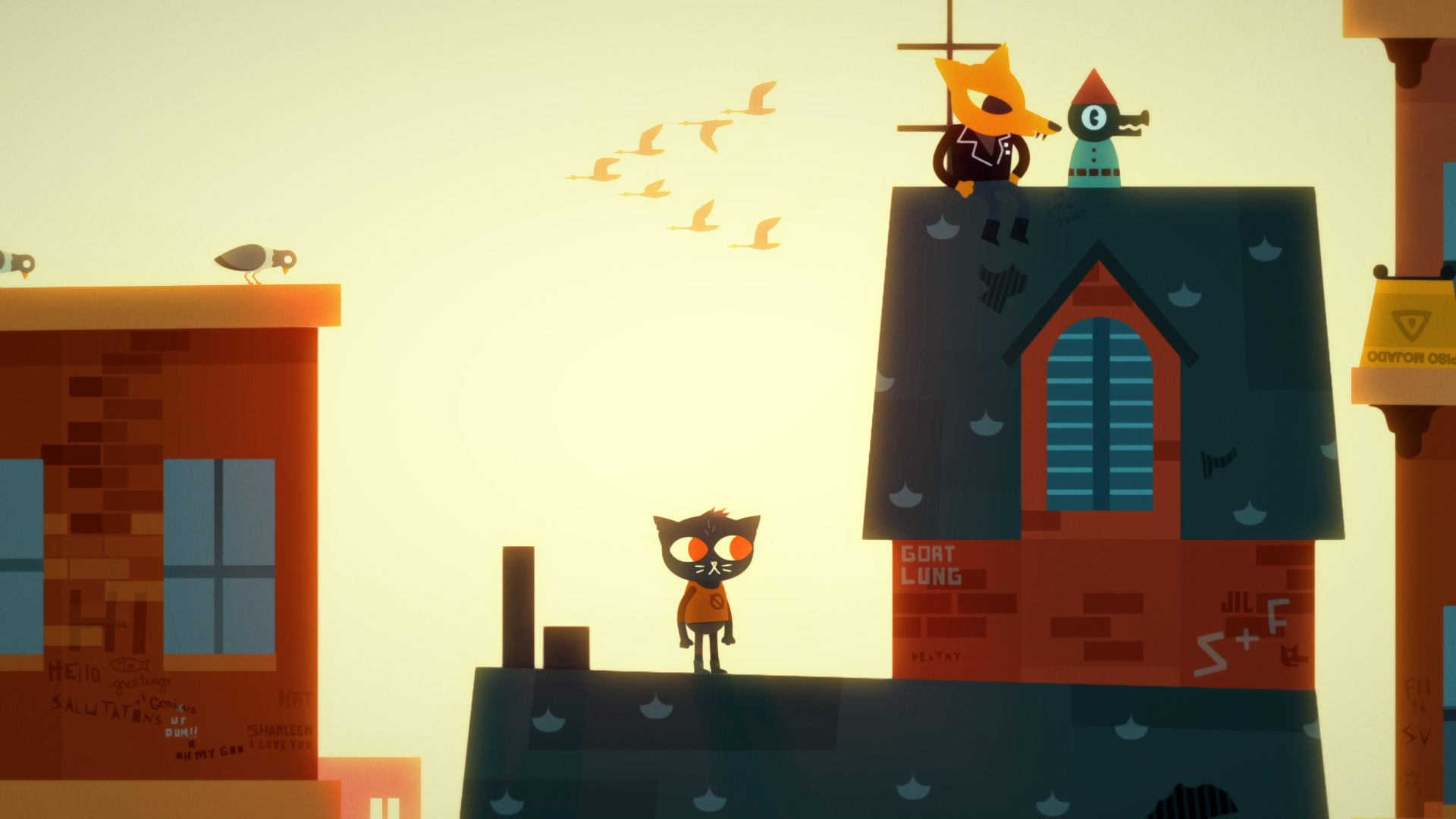 HD wallpaper featuring characters from Night in the Woods, perched atop buildings under a sunset sky with birds flying.