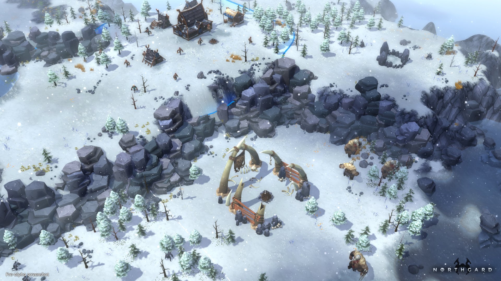 HD desktop wallpaper featuring a snowy landscape from the game Northgard with structures and trees.